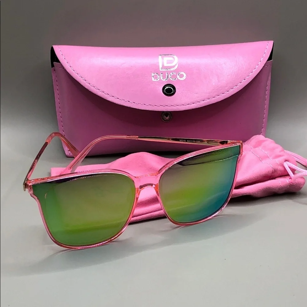 DUCO W016 Vintage-Retro STYLE Round Sunglasses Pink Green Mirror w Case Trendy